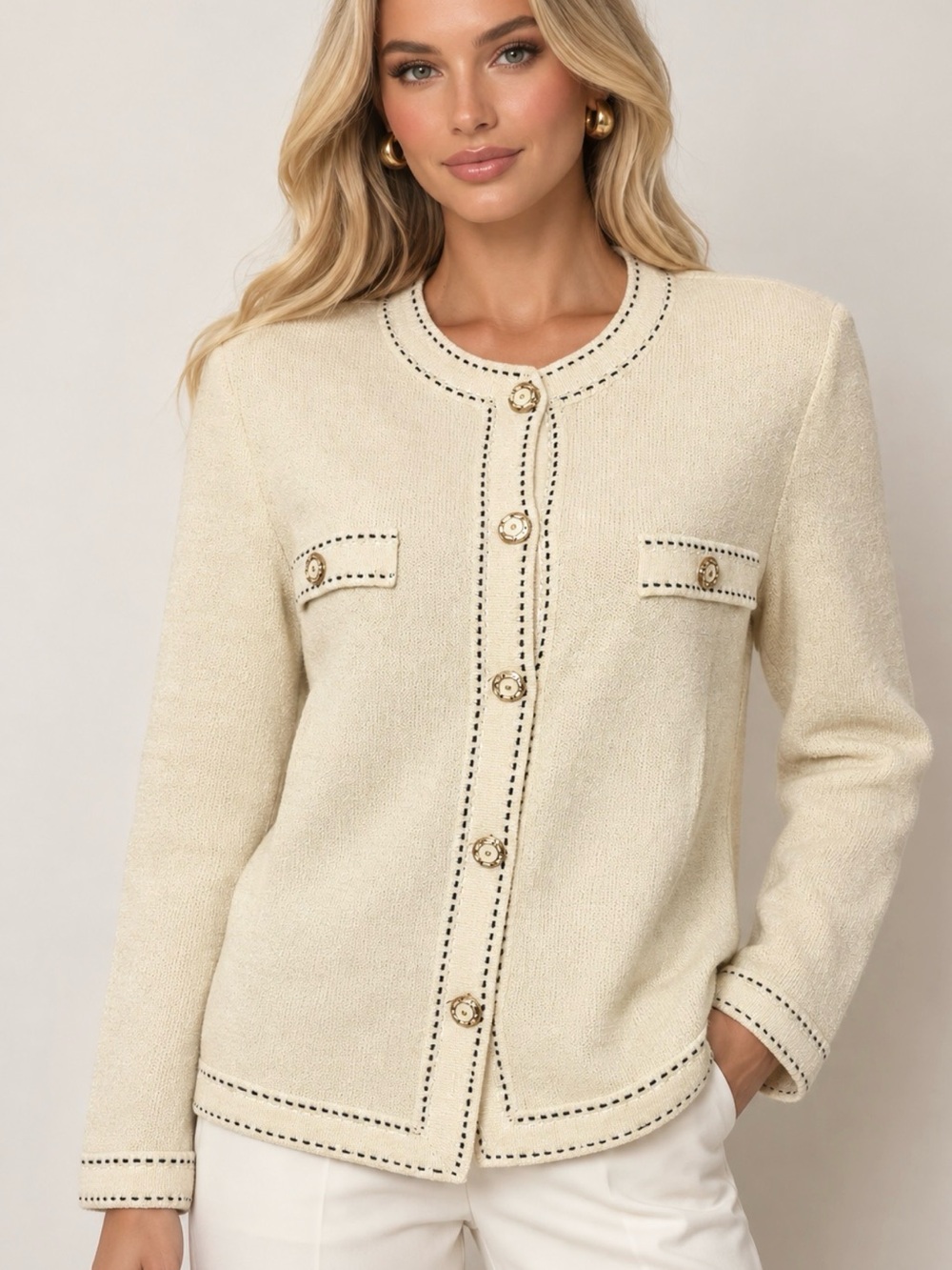 St. John Collection Cream Tweed Jacket with Black Contrast Stitching
